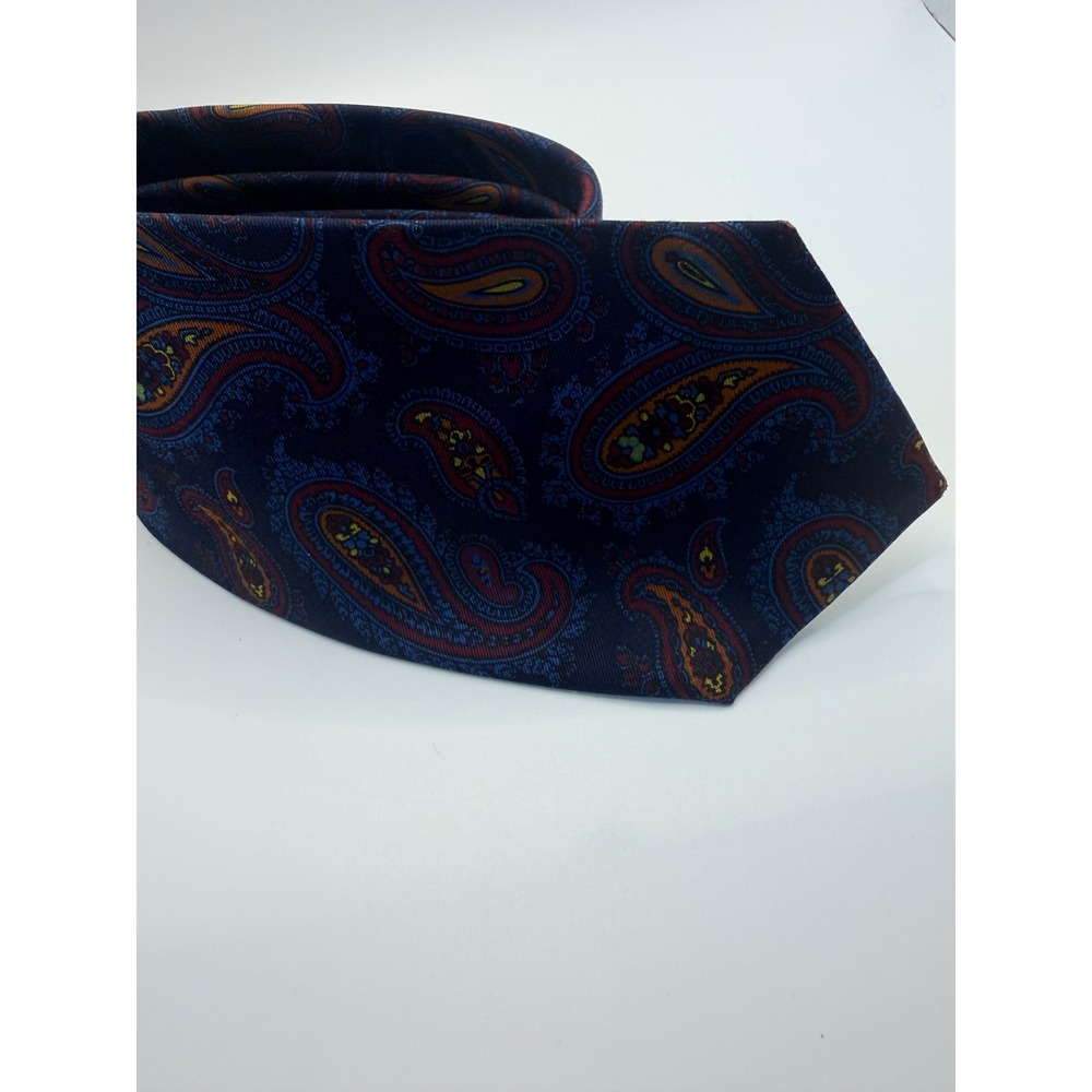 Burberrys Mens Silk Tie Navy Blue Red Gold Paisley Vintage Made in England